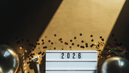 Celebrate the New Year 2026 with festive decorations and shimmering confetti, capture the excitement of New Year's Eve with golden party decorations