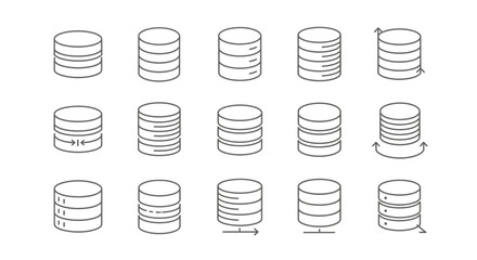 Database and Server Stack Line Icons Set: Data Storage, Connection, Transfer, Sync, and Management Symbols.