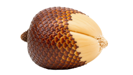 Exotic fruit shows brown scaly skin and pale segmented flesh, isolated on black