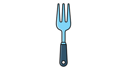 Simple cartoon illustration of a blue metal fork with a dark grey handle isolated on a plain white background.