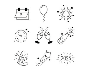New Year Celebration Outline Icons Set