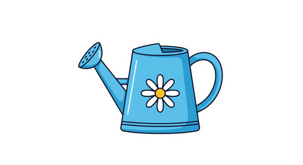 Cute cartoon illustration of a blue watering can decorated with a white and yellow daisy flower on the side.
