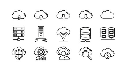 Fototapeta premium Cloud Computing and Data Storage Line Icons Set: Server, Security, Analytics, and Networking Technology Symbols