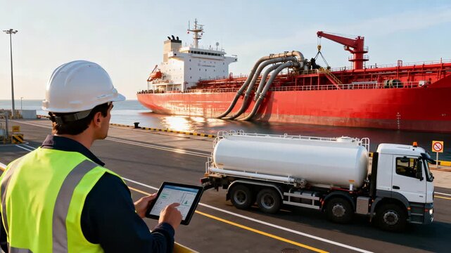 Harbor worker using digital tools to oversee vessel and truck loading