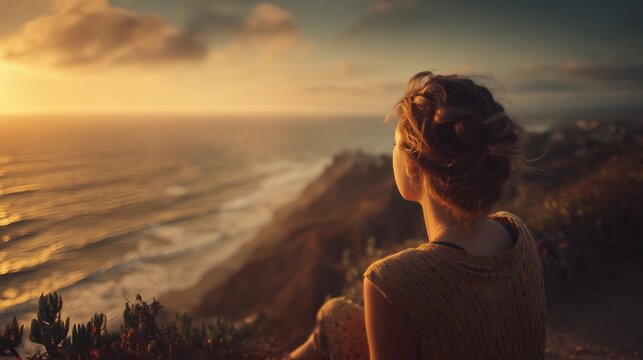 Conceptual image of a person gazing at the serene golden ocean horizon during a breathtaking sunset, evoking feelings of reflection and tranquility with cinematic lighting and vibrant natural colors. - Powered by Adobe