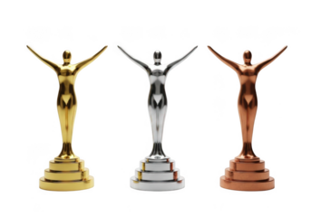 Gold silver bronze trophy winners isolated on transparent background for awards ceremonies and competitions