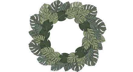 Beautiful round frame or wreath made from lush green tropical monstera palm leaves isolated on a white background for design.