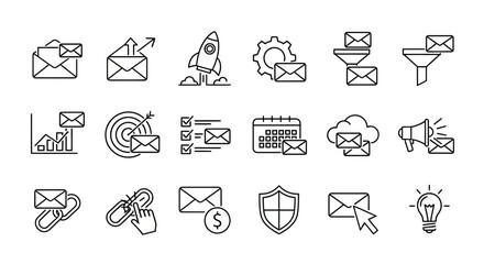 Email Marketing Line Icons Set. Newsletter, Communication Strategy, Business Growth, Security, and Digital Promotion Vector Symbols.