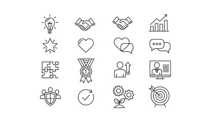 Fototapeta premium Set of 16 Outline Icons Representing Business Strategy, Achievement, Communication, and Teamwork Concepts.