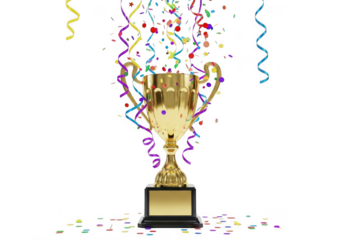 Golden trophy with colorful confetti and streamers isolated on transparent background for celebrations and awards