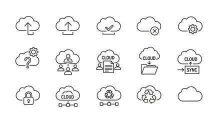 Fototapeta premium Cloud computing line icons set: data storage, synchronization, networking, security, upload, download, and configuration symbols.