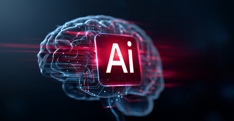 glowing digital brain with bright ai lettering floating in a dark futuristic interface, ideal for technology banners, innovation articles, machine learning presentations, startup promos and modern sci