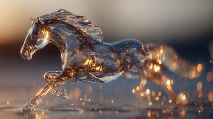 黄金の光に輝くガラスの馬　水しぶきを上げて走る3Dイラスト