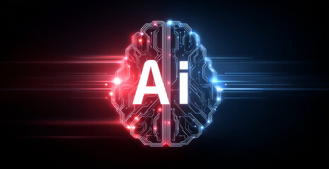 glowing digital brain with bright ai lettering floating in a dark futuristic interface, ideal for technology banners, innovation articles, machine learning presentations, startup promos and modern sci