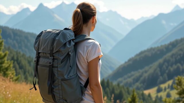 Young woman with backpack enjoys moment of peace and breathtaking beauty while hiking in mountains. Hiker gazes at stunning panoramic alpine landscape with lush forests, valleys and peaks in distance