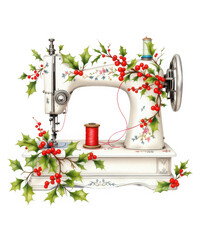Vintage sewing machine decorated with holly and berries, evoking festive holiday crafting and traditional winter season handmade projects. isolated on transparent background