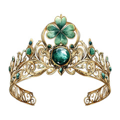 Watercolor gold tiara with green gems and four-leaf clover, vector  © Sajana Jayathissa
