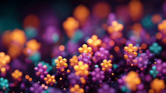 glowing neon plus signs in vibrant teal, orange and pink colors arranged on a dark surface with soft bokeh lights, ideal for tech banners, positive messaging, social media graphics, modern ads 