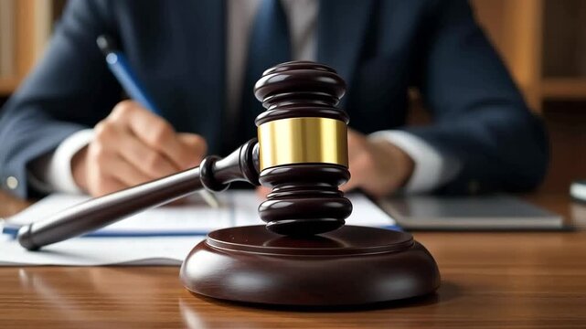 Wooden judge's hammer on background of businessman signing documents or lawyer making amendments to contract. Justice and power of judiciary. Seriousness and importance of legal process. Advocate work