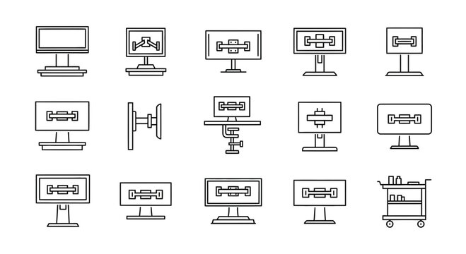Line Icons Set for Monitor Stands, Wall Mounts, Display Hardware, and Screen Adjustment Tools in Outline Style