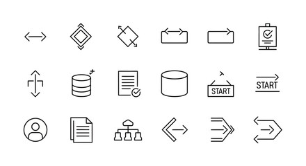 Data Flow, File Management, and UI Control Line Icons Set. Collection of resizing, database, start, and directional symbols.