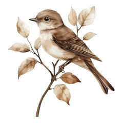 Watercolor brown bird on branch with leaves, vector illustration  © Sajana Jayathissa