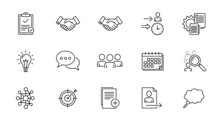 Business, Management, and Communication Line Icons Set: Planning, Teamwork, Strategy, and HR Vector Symbols.