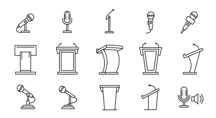 Microphone and Podium Line Icons Set for Public Speaking, Presentation, and Broadcast Equipment.