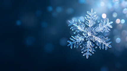 detailed close-up of a crystal snowflake shimmering on a blue winter background with soft bokeh, ideal for holiday banners, christmas cards, winter promotions, wallpapers and seasonal design projects