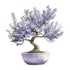 Purple flowering bonsai tree in pot, watercolor vector illustration
