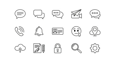 Collection of Universal Digital Interface, Communication, Security, and Settings Outline Icons.