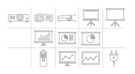 Presentation Equipment and Data Chart Icons Set (Projector, Screen, Remote, Graphs)
