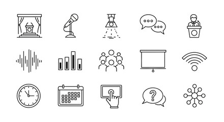 Line Icons Set for Conference, Public Speaking, Business Presentation, and Event Management