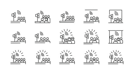 Communication Icons: Loudspeaker Addressing an Audience, Presentation, and Public Broadcast.