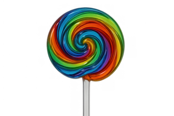 Rainbow lollipop with a vibrant colorful swirl design, a classic confectionary treat on a stick, isolated on a transparent background