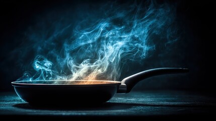 Hot steam rises dramatically from a skillet on a dark surface. Use this for cooking concepts, food safety, or recipe imagery.