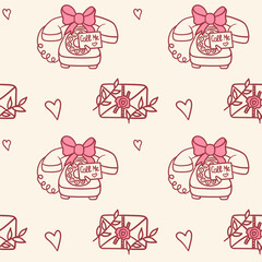 Seamless Valentine pattern with vintage rotary telephone, love note, sealed envelope, and hand-drawn hearts on a soft cream background, perfect for romantic wrapping paper, fabric, and stationery.