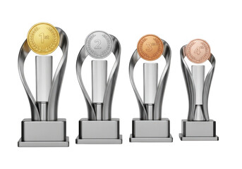 Set of four metallic trophies with gold silver bronze and copper medals isolated on transparent background for award ceremonies and competitions