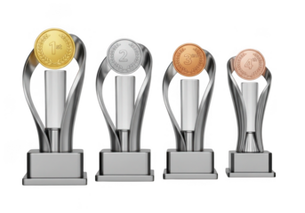 Set of four metallic trophies with gold silver bronze and copper medals isolated on transparent background for award ceremonies and competitions