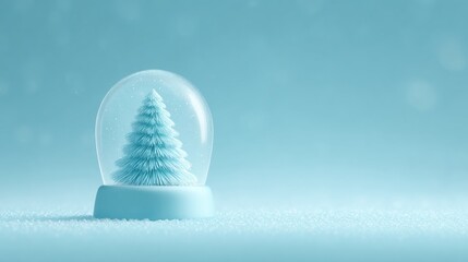 Blue snow globe with pine tree and snow gently falling in serene winter scene evoking peaceful holiday mood
