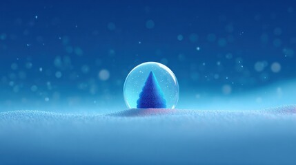 Blue Christmas tree snow globe on snowy landscape with soft bokeh light blue snow globe tree snowy landscape winter festive holiday bokeh glass globe
