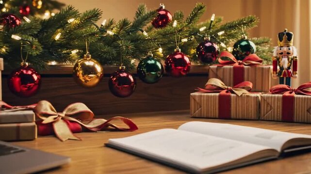 Festive Christmas morning anticipation with gifts under tree and nutcracker, a cozy holiday mood and cheerful spirit