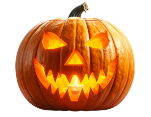 A carved Halloween pumpkin with an evil sharp-tooth grin and angled eyes, viewed from the front, inner candle glowing warm orange light through the stic, isolated on a transparent PNG background.