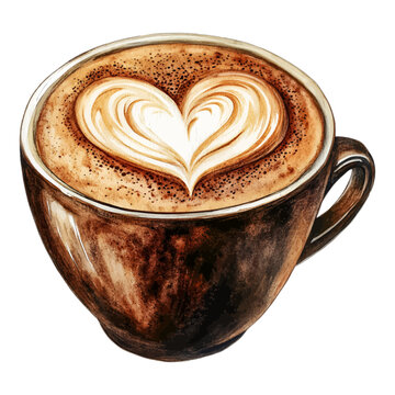 Watercolor coffee cup with heart latte art, vector illustration
