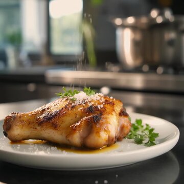 Chicken leg seasoned with coarse salt on a white plate in a modern kitchen
