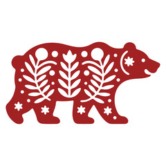 Obraz premium Red decorative bear silhouette with floral and star cutouts on a white background illustration art