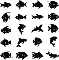 Collection of various fish silhouettes on white background