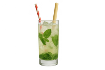 Mojito cocktail with crushed ice, fresh mint leaves, lime, and two straws, refreshing summer drink on transparent background