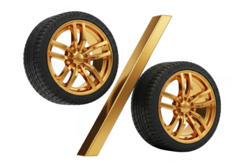 Golden percentage symbol with car tires isolated on transparent background for discounts and sales