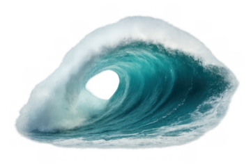 Powerful blue ocean wave cresting and breaking with foam, forming a hollow tube, ready for surfing with a transparent background